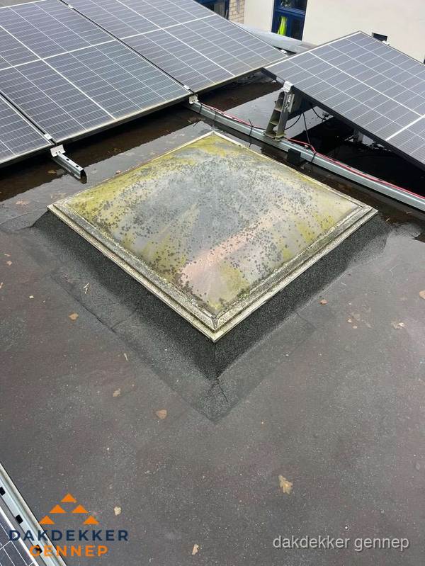 Vervuilde lichtkoepel op plat dak met zonnepanelen in Gennep Vervuilde lichtkoepel op plat dak met zonnepanelen in Gennep